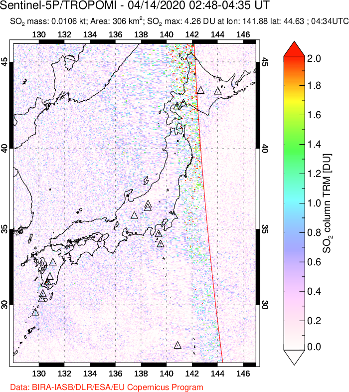 A sulfur dioxide image over Japan on Apr 14, 2020.