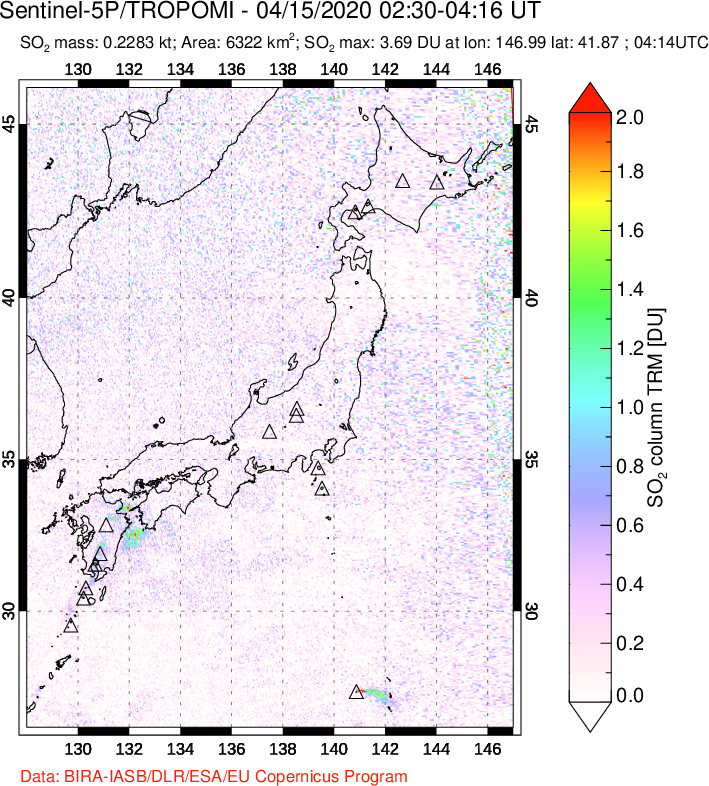 A sulfur dioxide image over Japan on Apr 15, 2020.