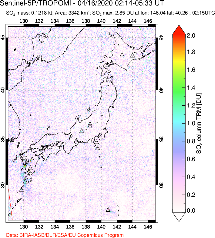 A sulfur dioxide image over Japan on Apr 16, 2020.