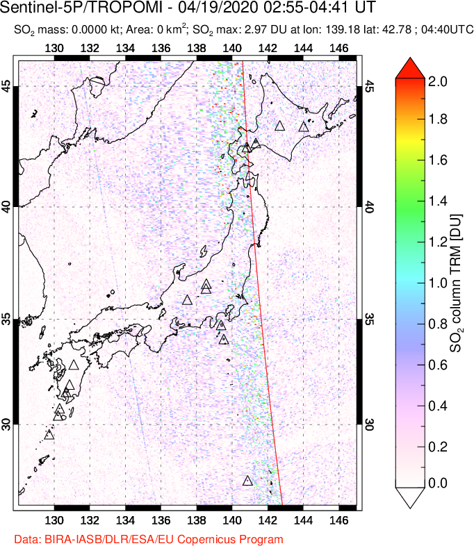 A sulfur dioxide image over Japan on Apr 19, 2020.