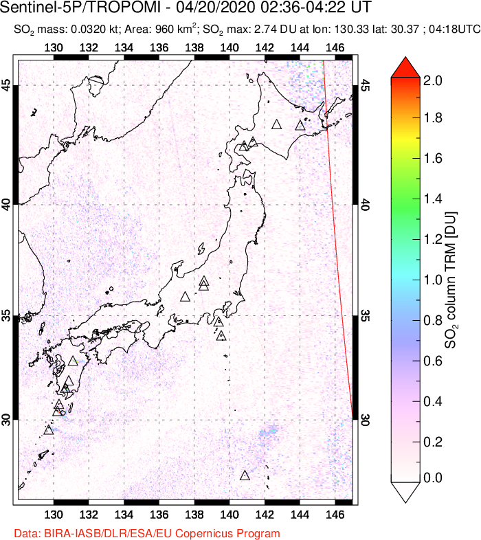 A sulfur dioxide image over Japan on Apr 20, 2020.