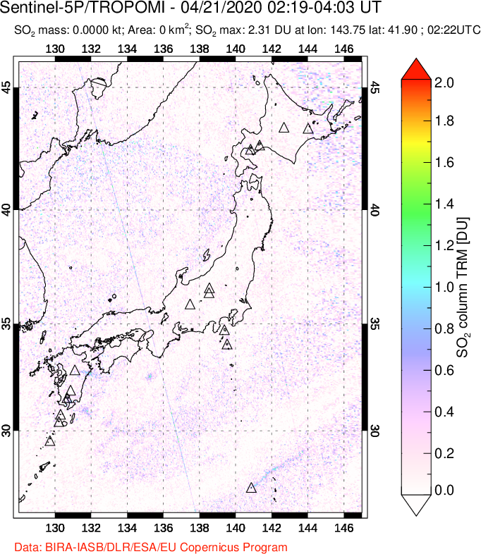 A sulfur dioxide image over Japan on Apr 21, 2020.