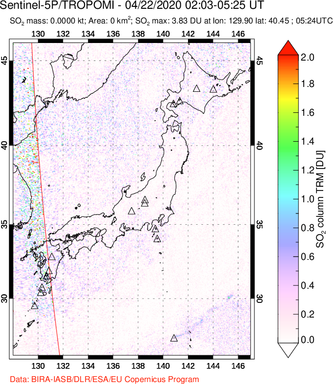 A sulfur dioxide image over Japan on Apr 22, 2020.