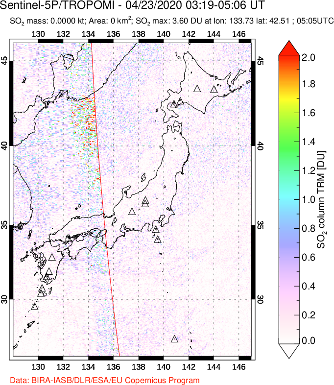 A sulfur dioxide image over Japan on Apr 23, 2020.