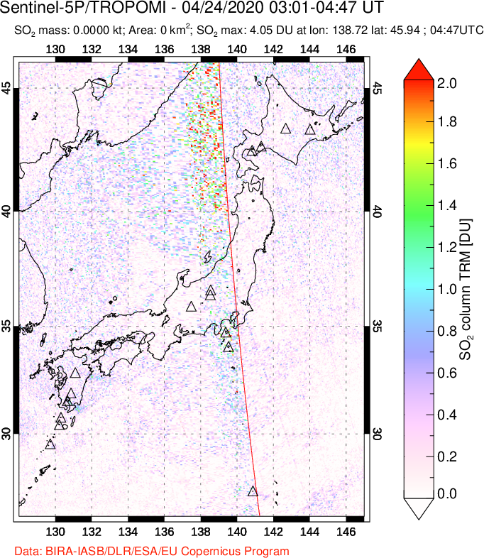 A sulfur dioxide image over Japan on Apr 24, 2020.