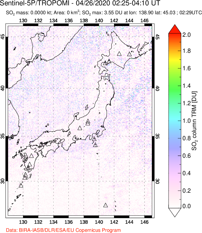 A sulfur dioxide image over Japan on Apr 26, 2020.