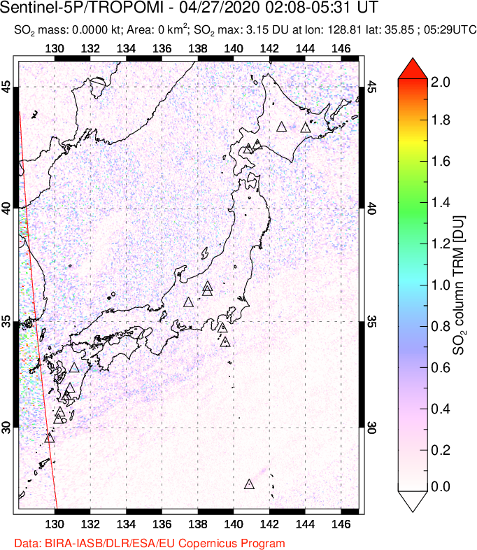 A sulfur dioxide image over Japan on Apr 27, 2020.