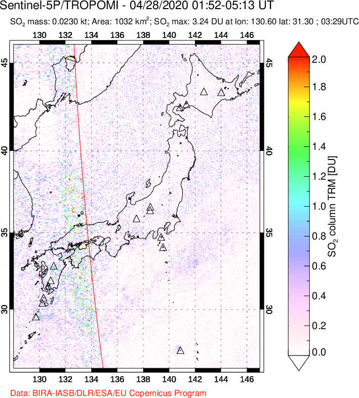A sulfur dioxide image over Japan on Apr 28, 2020.