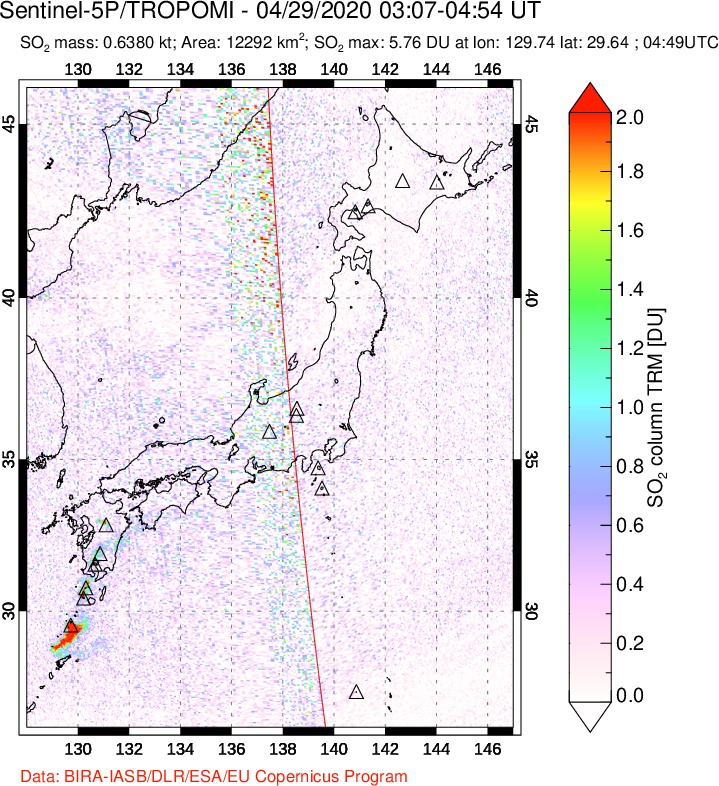 A sulfur dioxide image over Japan on Apr 29, 2020.