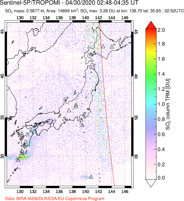 A sulfur dioxide image over Japan on Apr 30, 2020.