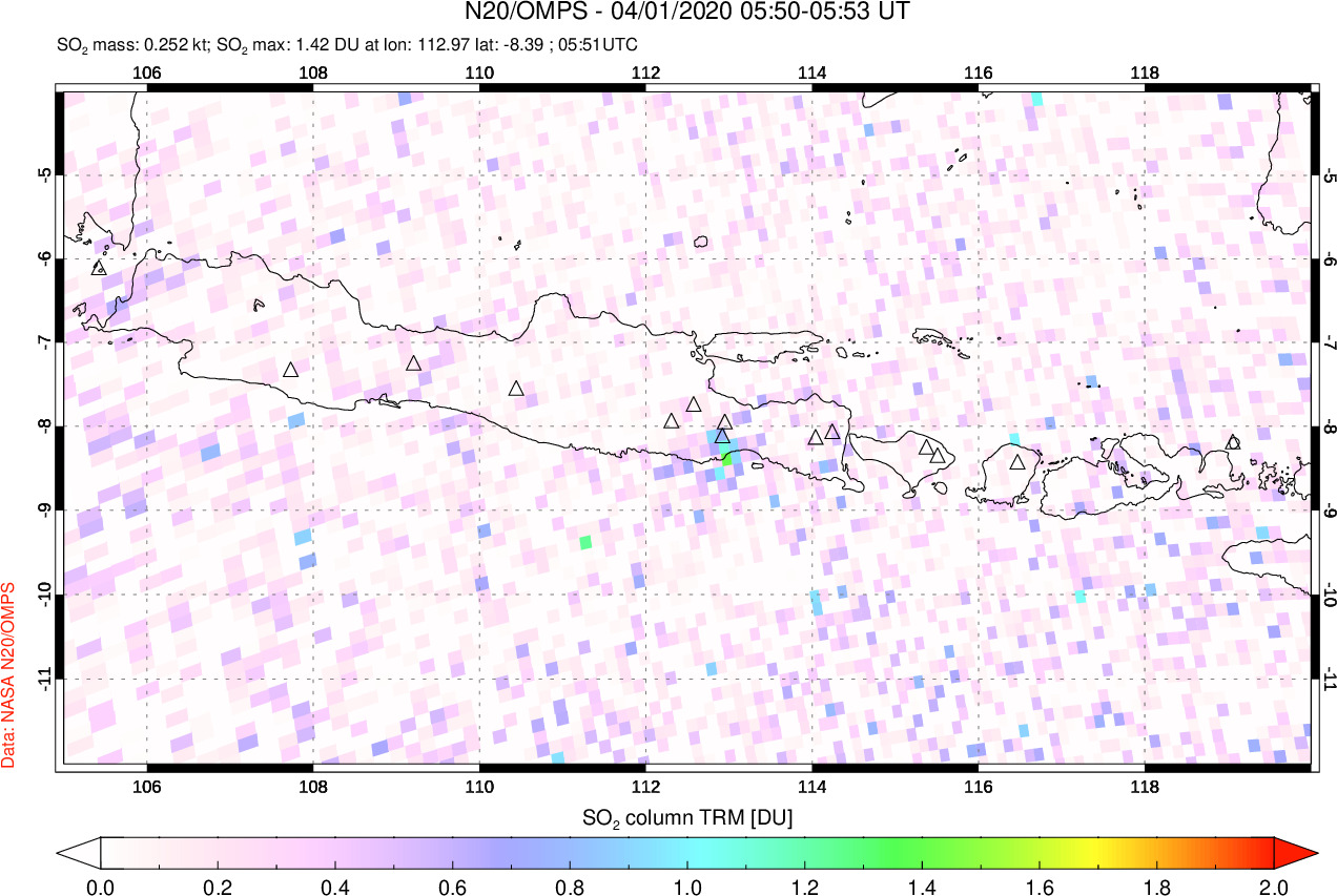 A sulfur dioxide image over Java, Indonesia on Apr 01, 2020.