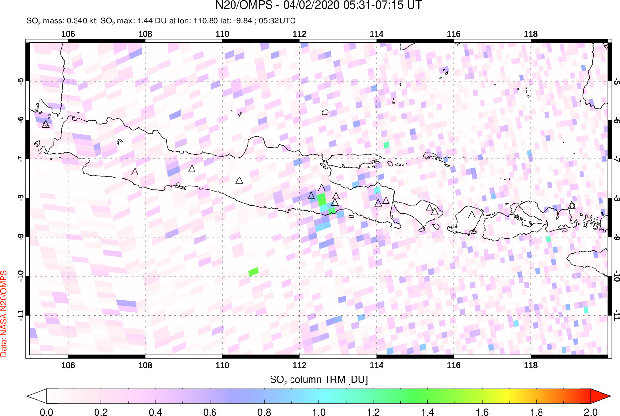 A sulfur dioxide image over Java, Indonesia on Apr 02, 2020.