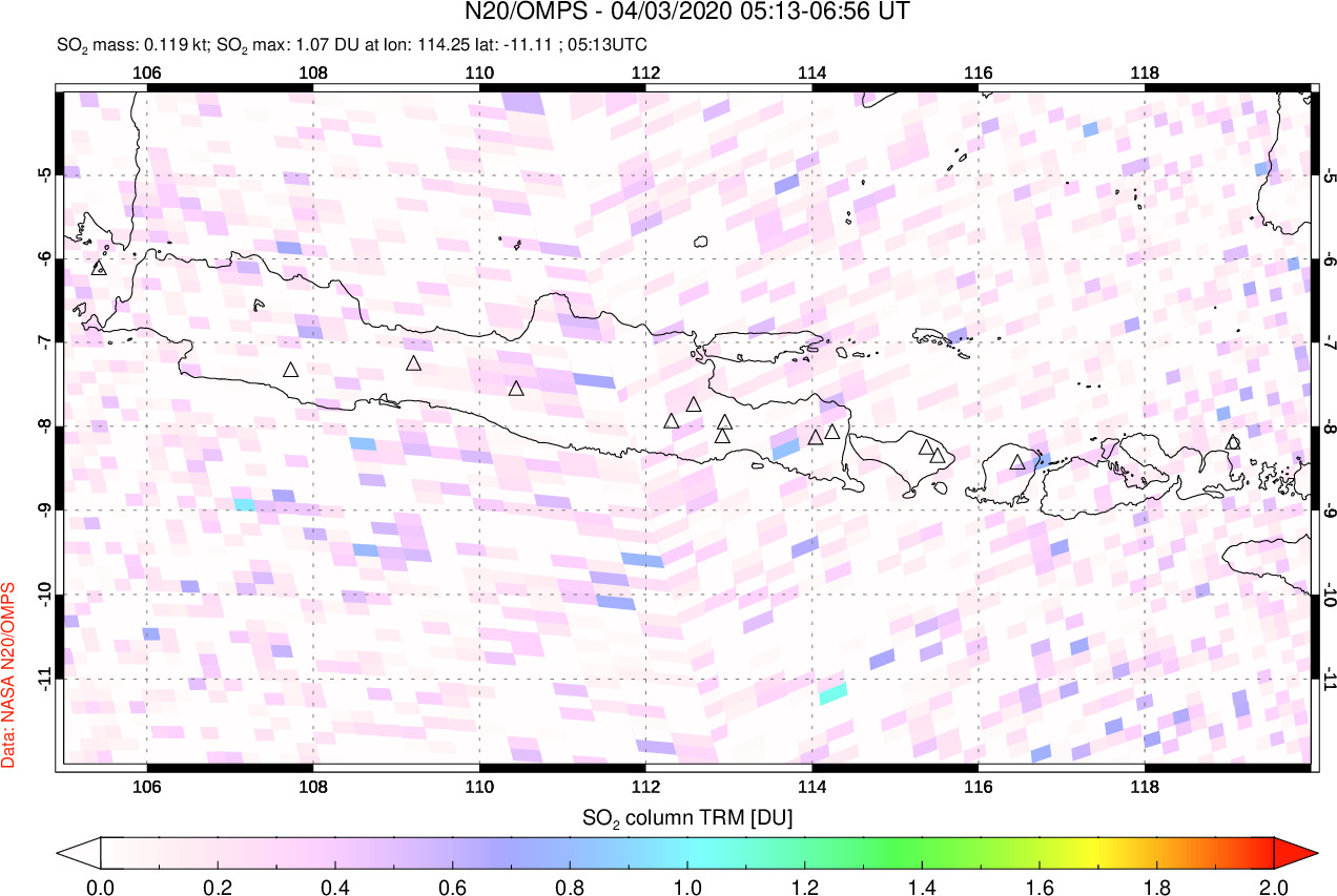 A sulfur dioxide image over Java, Indonesia on Apr 03, 2020.