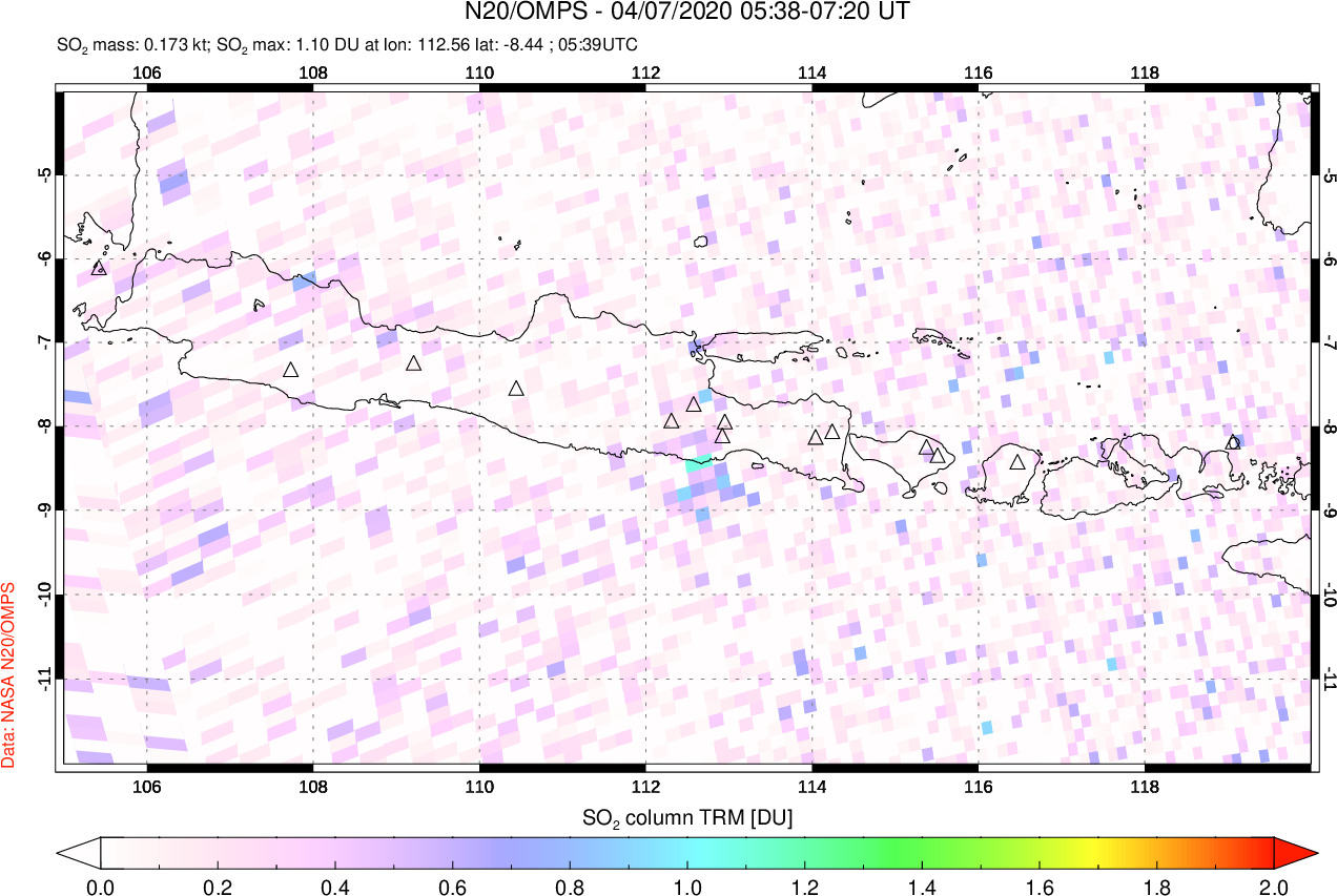A sulfur dioxide image over Java, Indonesia on Apr 07, 2020.