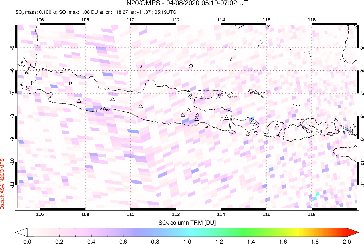 A sulfur dioxide image over Java, Indonesia on Apr 08, 2020.