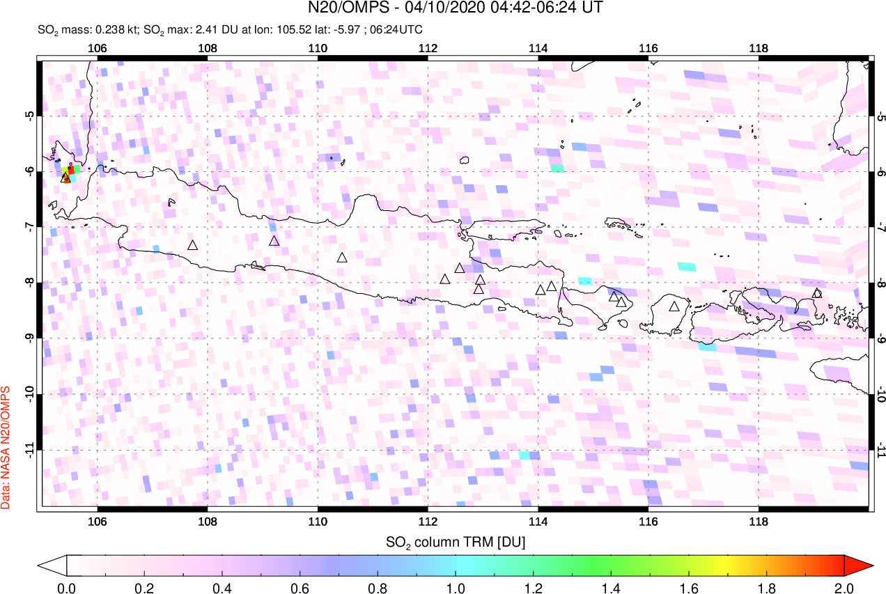 A sulfur dioxide image over Java, Indonesia on Apr 10, 2020.