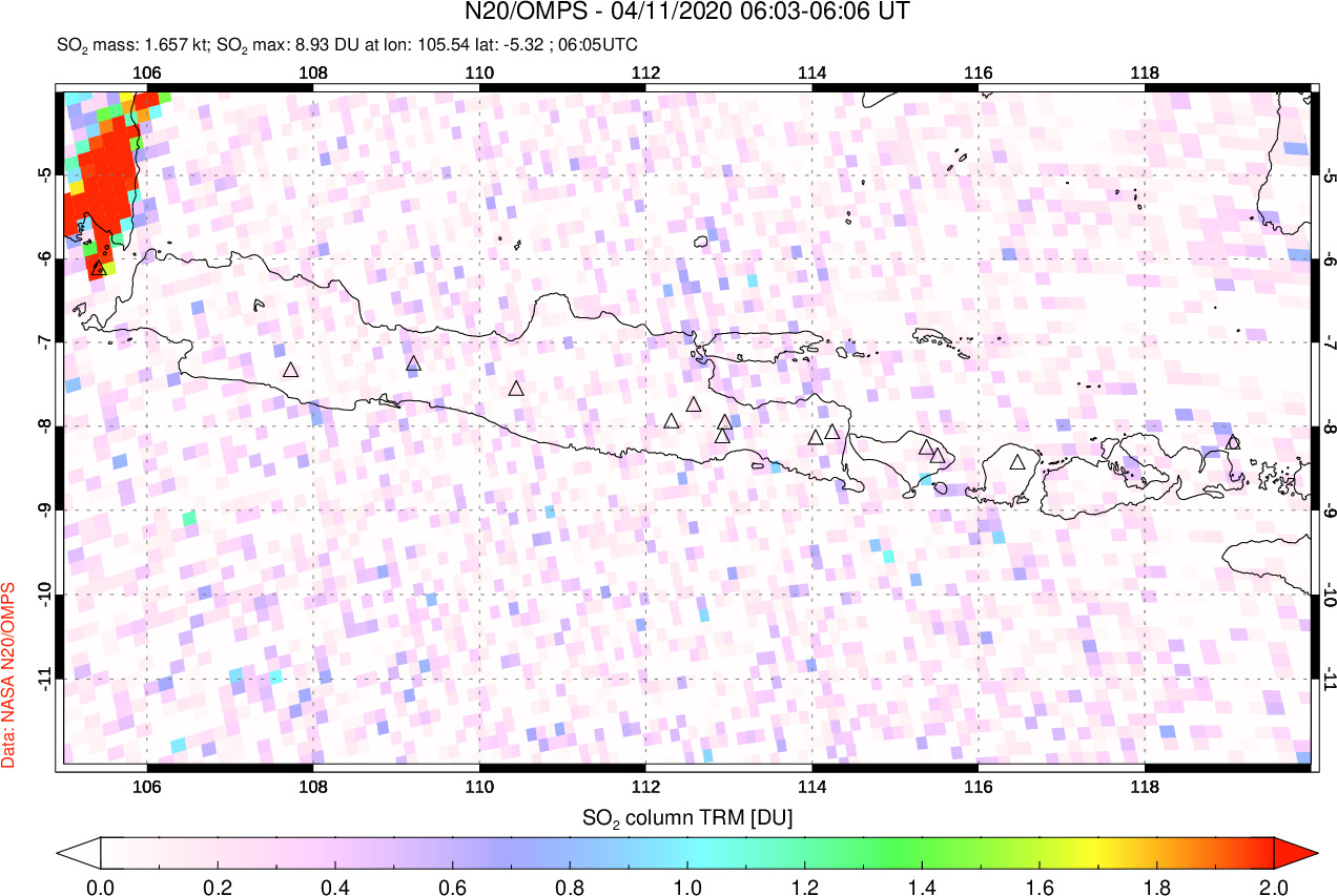 A sulfur dioxide image over Java, Indonesia on Apr 11, 2020.