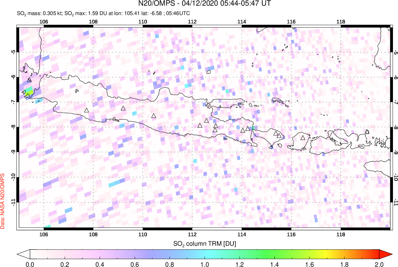 A sulfur dioxide image over Java, Indonesia on Apr 12, 2020.