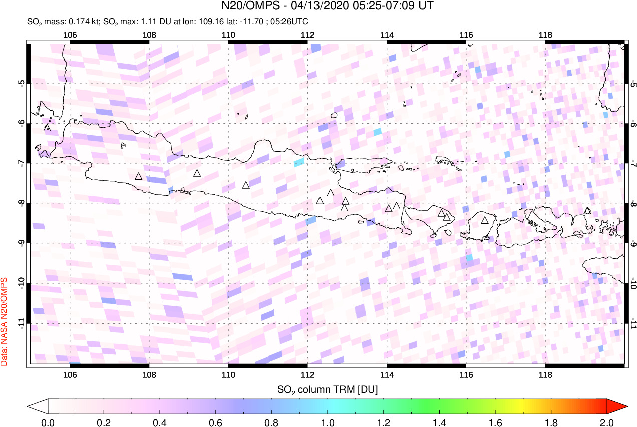 A sulfur dioxide image over Java, Indonesia on Apr 13, 2020.