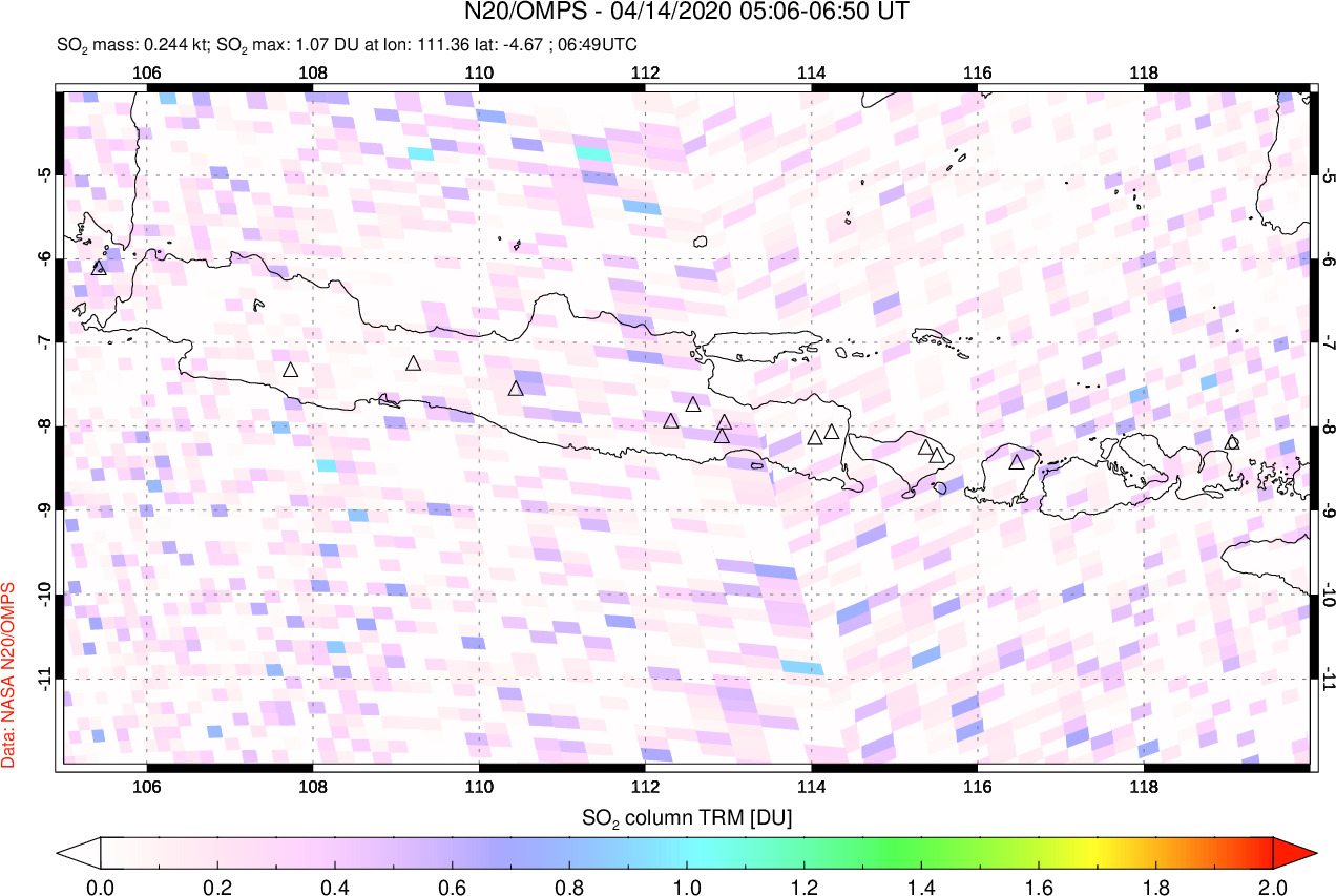 A sulfur dioxide image over Java, Indonesia on Apr 14, 2020.