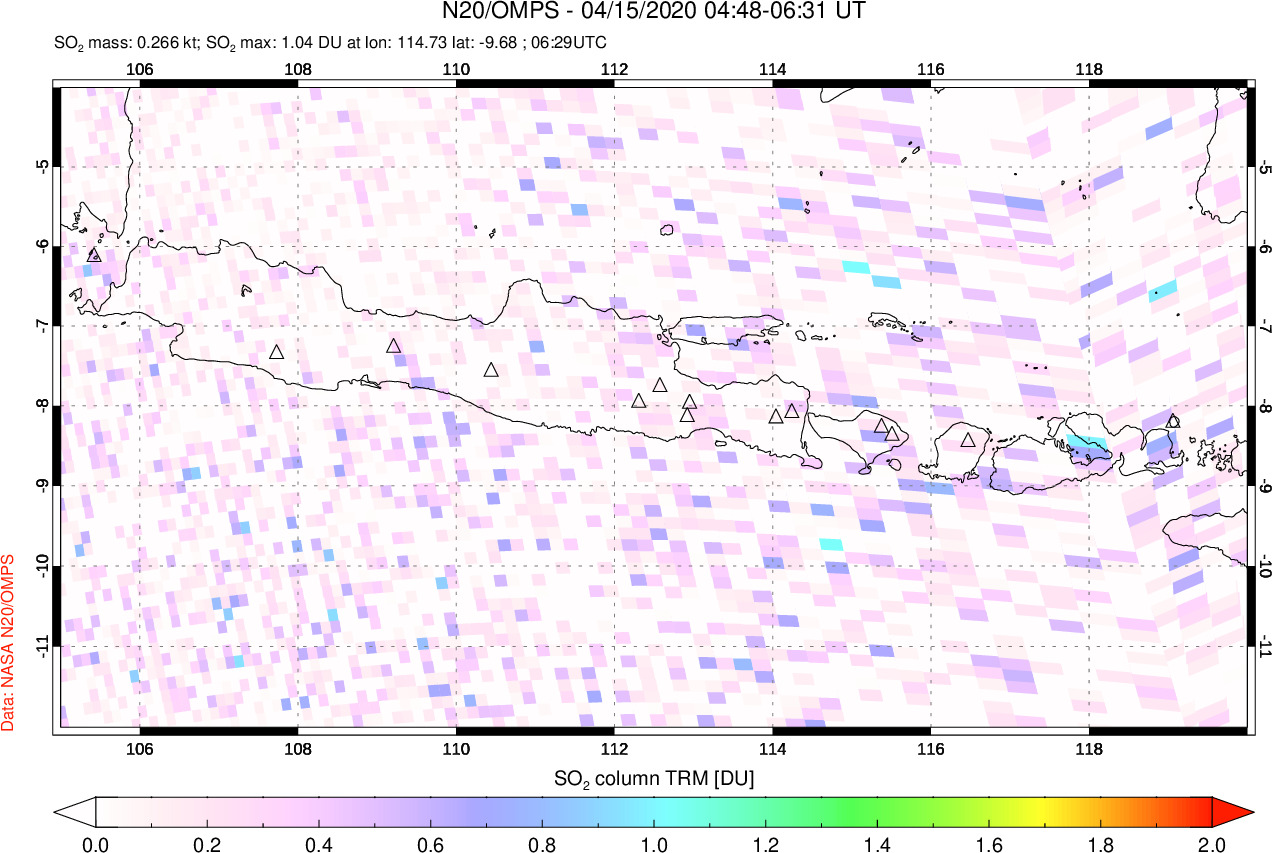 A sulfur dioxide image over Java, Indonesia on Apr 15, 2020.