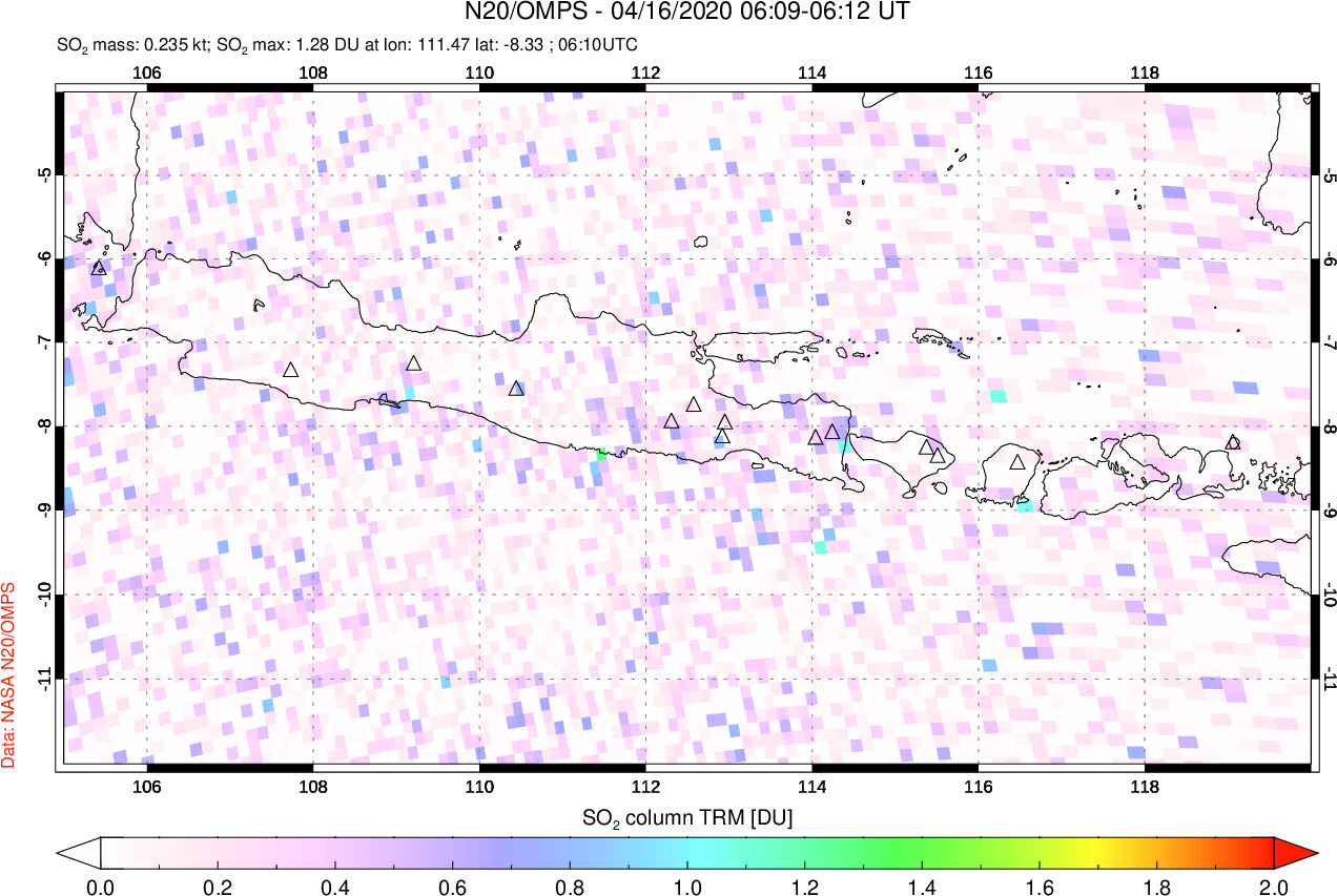 A sulfur dioxide image over Java, Indonesia on Apr 16, 2020.