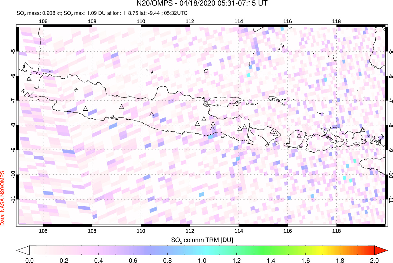 A sulfur dioxide image over Java, Indonesia on Apr 18, 2020.