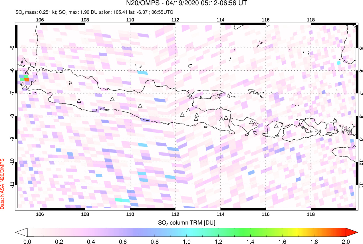 A sulfur dioxide image over Java, Indonesia on Apr 19, 2020.