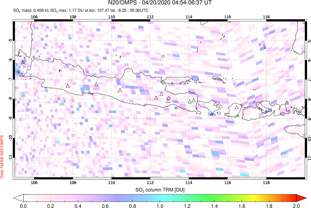 A sulfur dioxide image over Java, Indonesia on Apr 20, 2020.