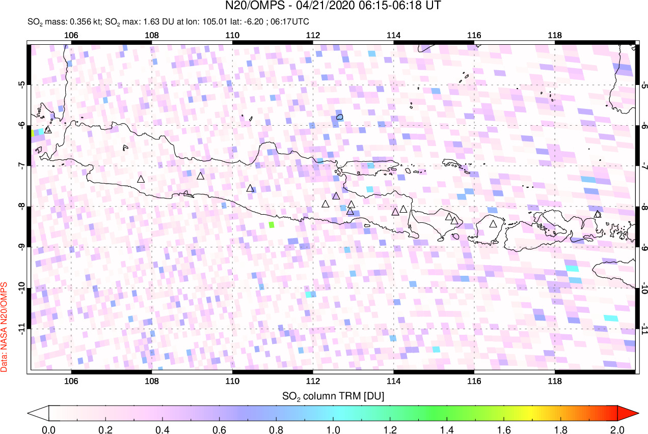 A sulfur dioxide image over Java, Indonesia on Apr 21, 2020.