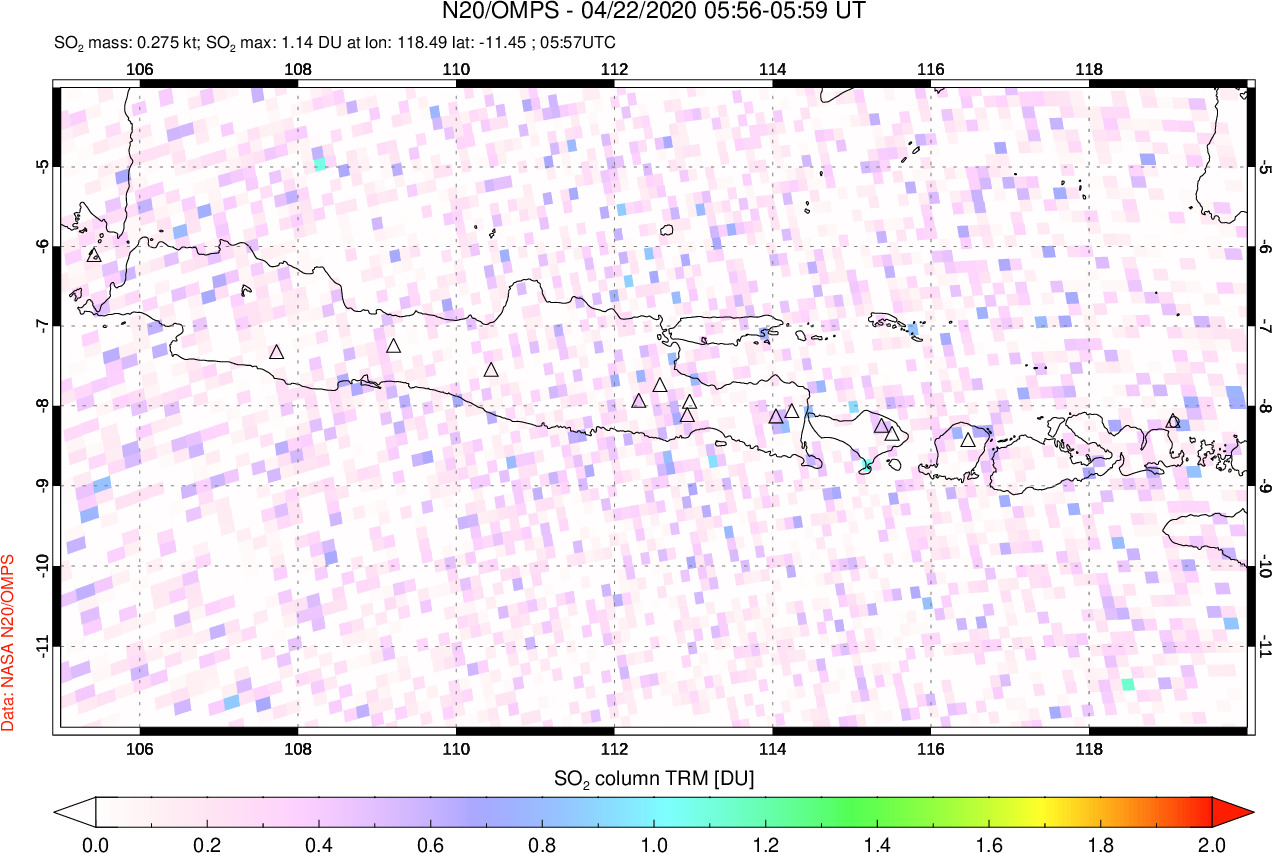 A sulfur dioxide image over Java, Indonesia on Apr 22, 2020.