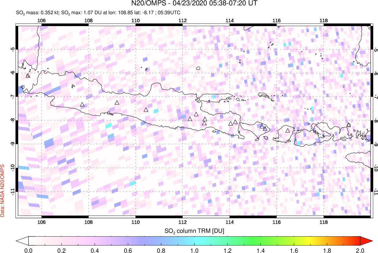 A sulfur dioxide image over Java, Indonesia on Apr 23, 2020.