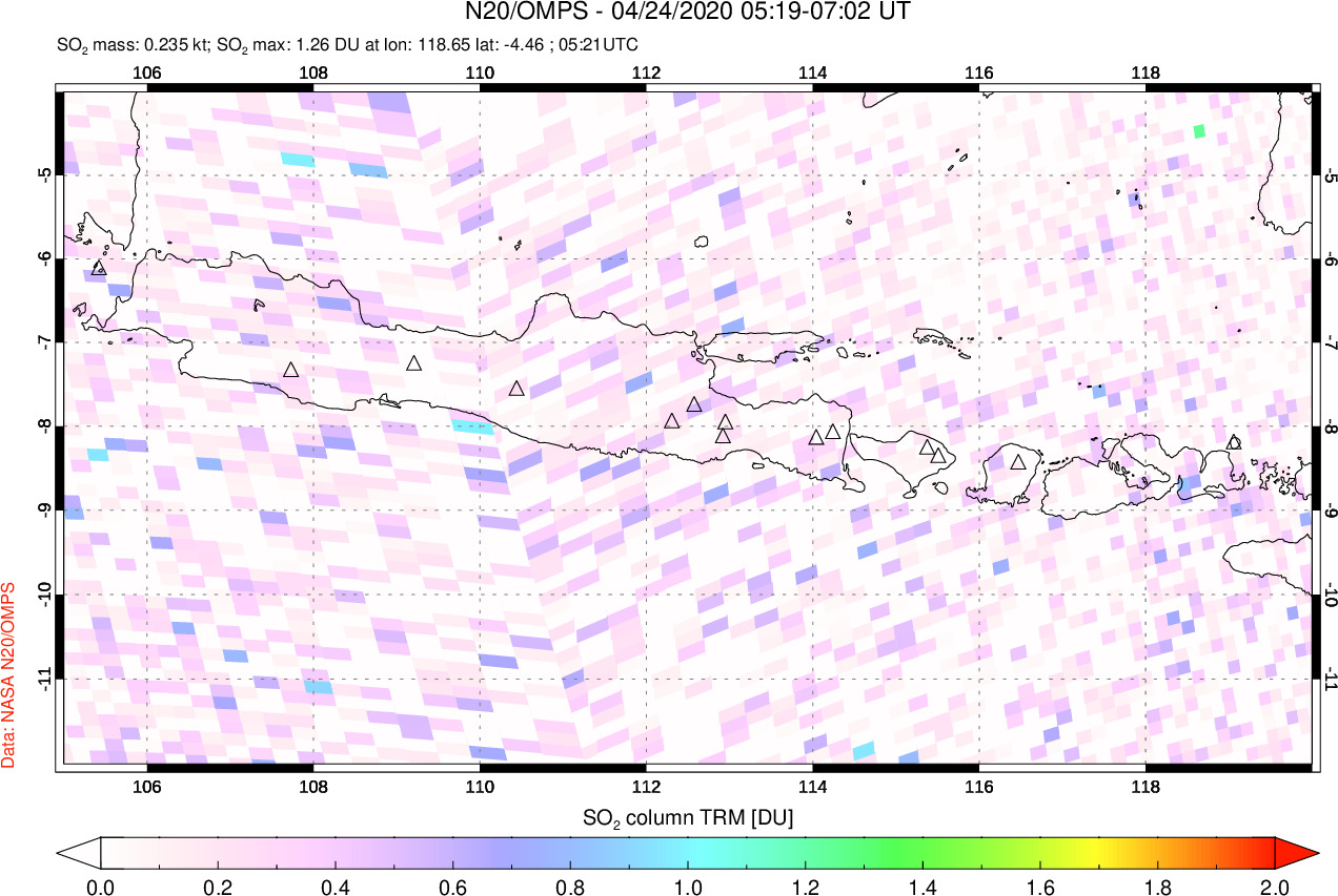 A sulfur dioxide image over Java, Indonesia on Apr 24, 2020.