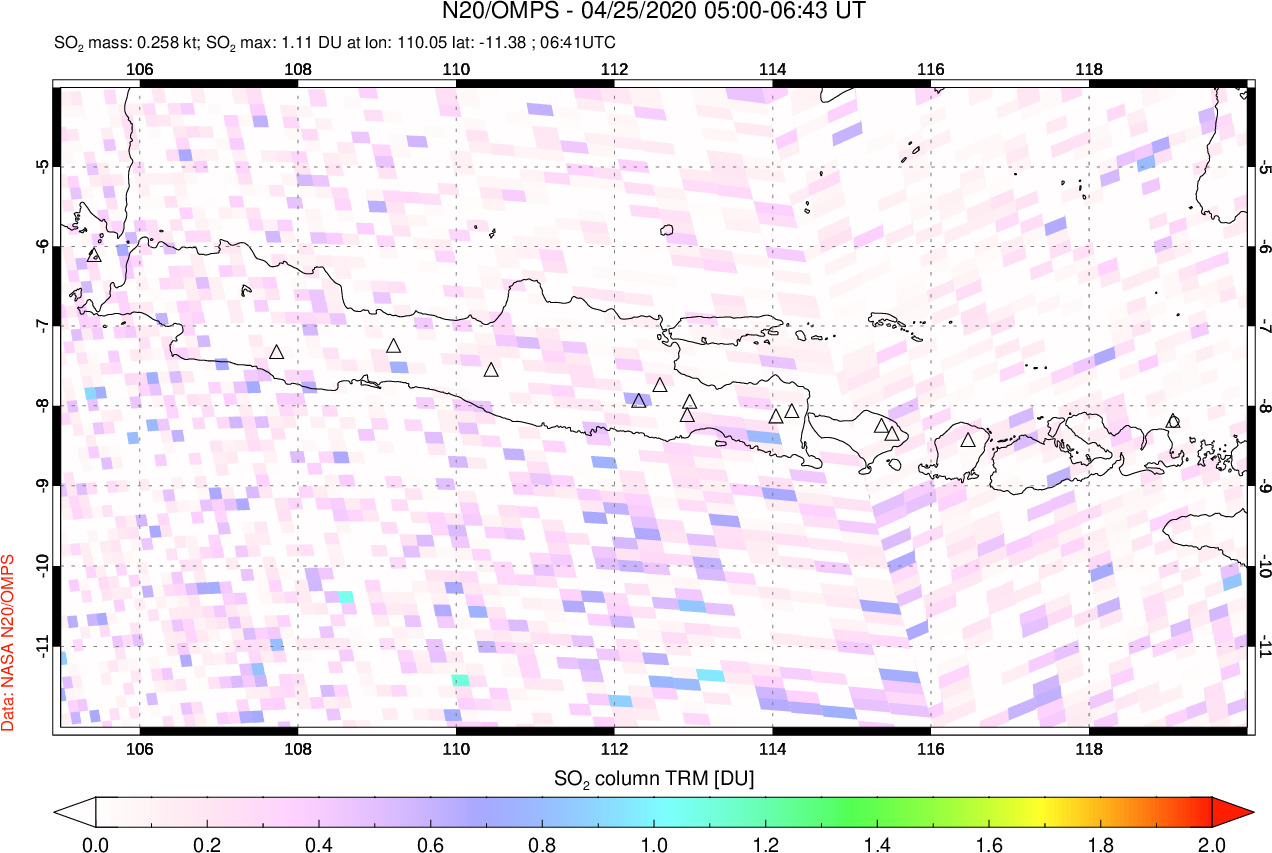 A sulfur dioxide image over Java, Indonesia on Apr 25, 2020.