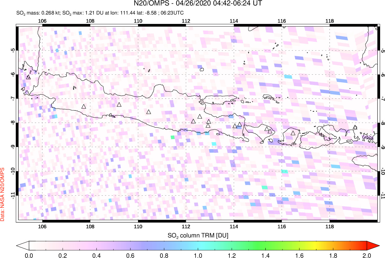 A sulfur dioxide image over Java, Indonesia on Apr 26, 2020.