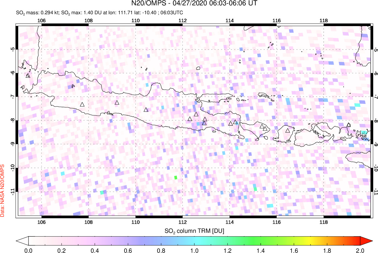 A sulfur dioxide image over Java, Indonesia on Apr 27, 2020.