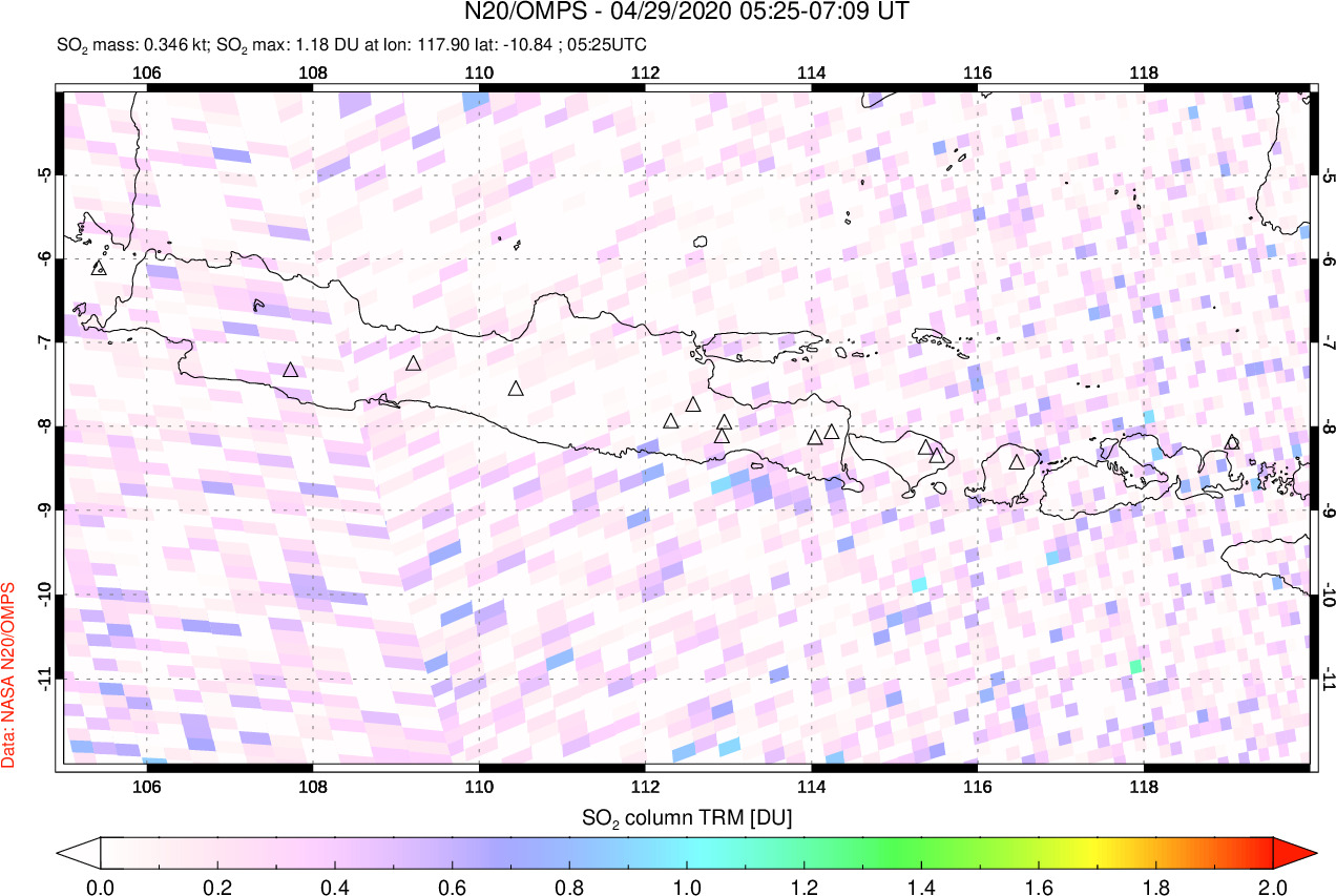 A sulfur dioxide image over Java, Indonesia on Apr 29, 2020.