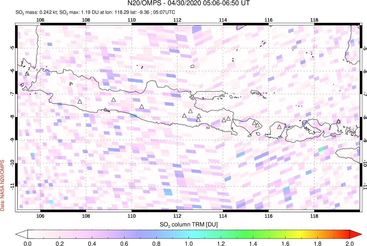 A sulfur dioxide image over Java, Indonesia on Apr 30, 2020.