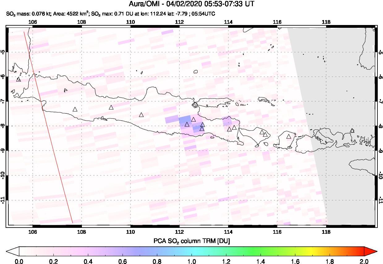 A sulfur dioxide image over Java, Indonesia on Apr 02, 2020.