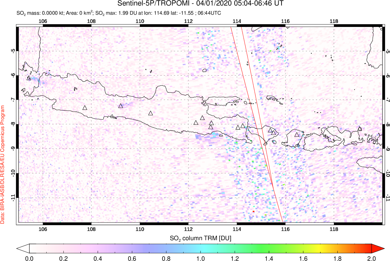 A sulfur dioxide image over Java, Indonesia on Apr 01, 2020.