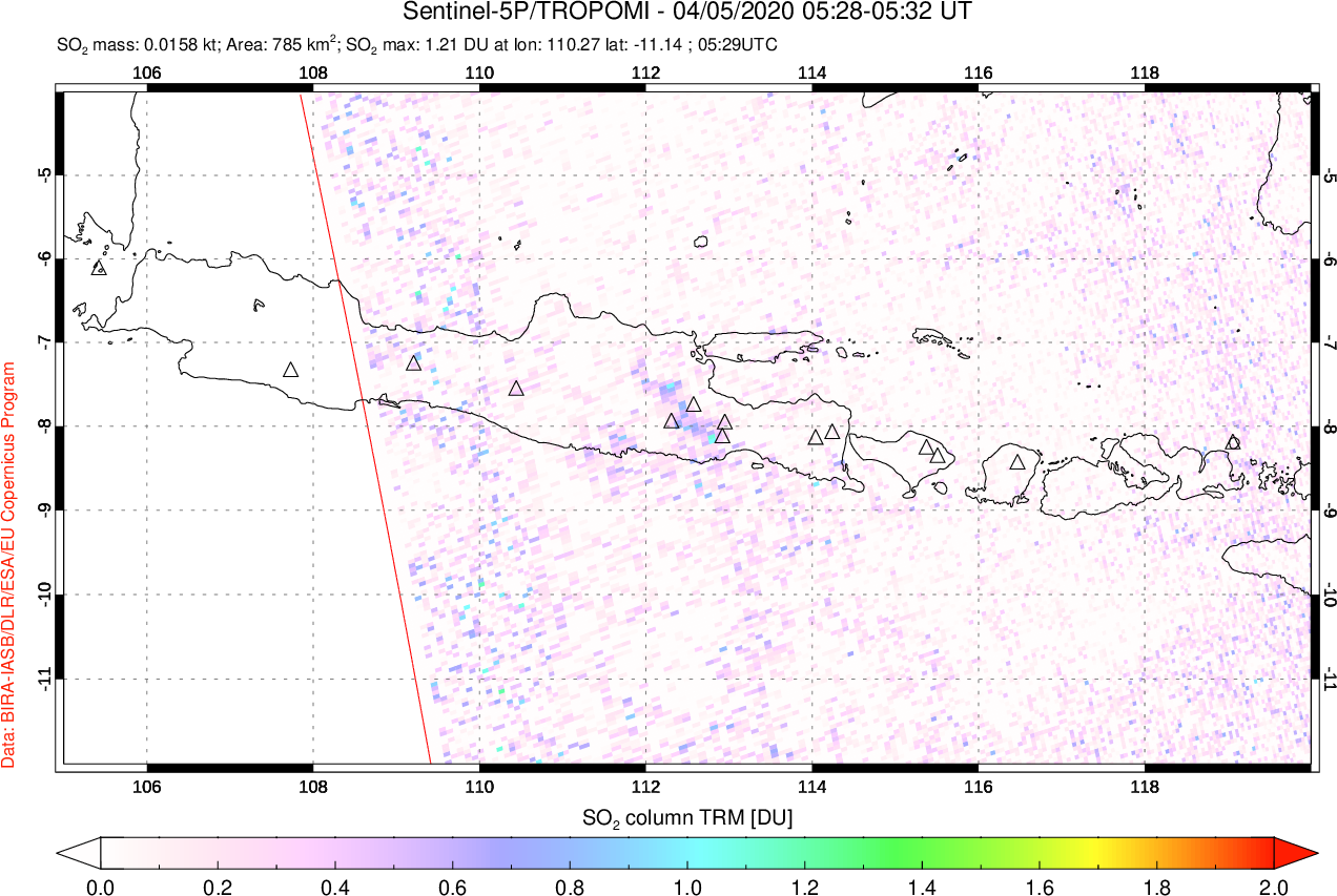 A sulfur dioxide image over Java, Indonesia on Apr 05, 2020.