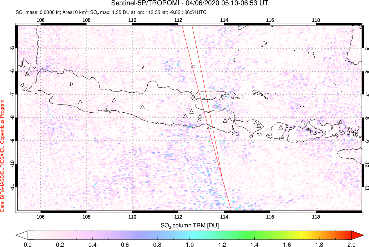 A sulfur dioxide image over Java, Indonesia on Apr 06, 2020.
