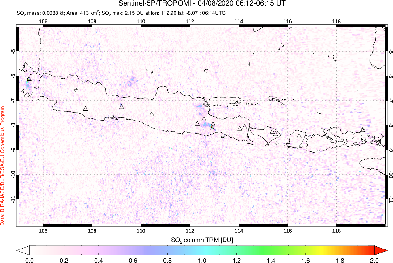 A sulfur dioxide image over Java, Indonesia on Apr 08, 2020.