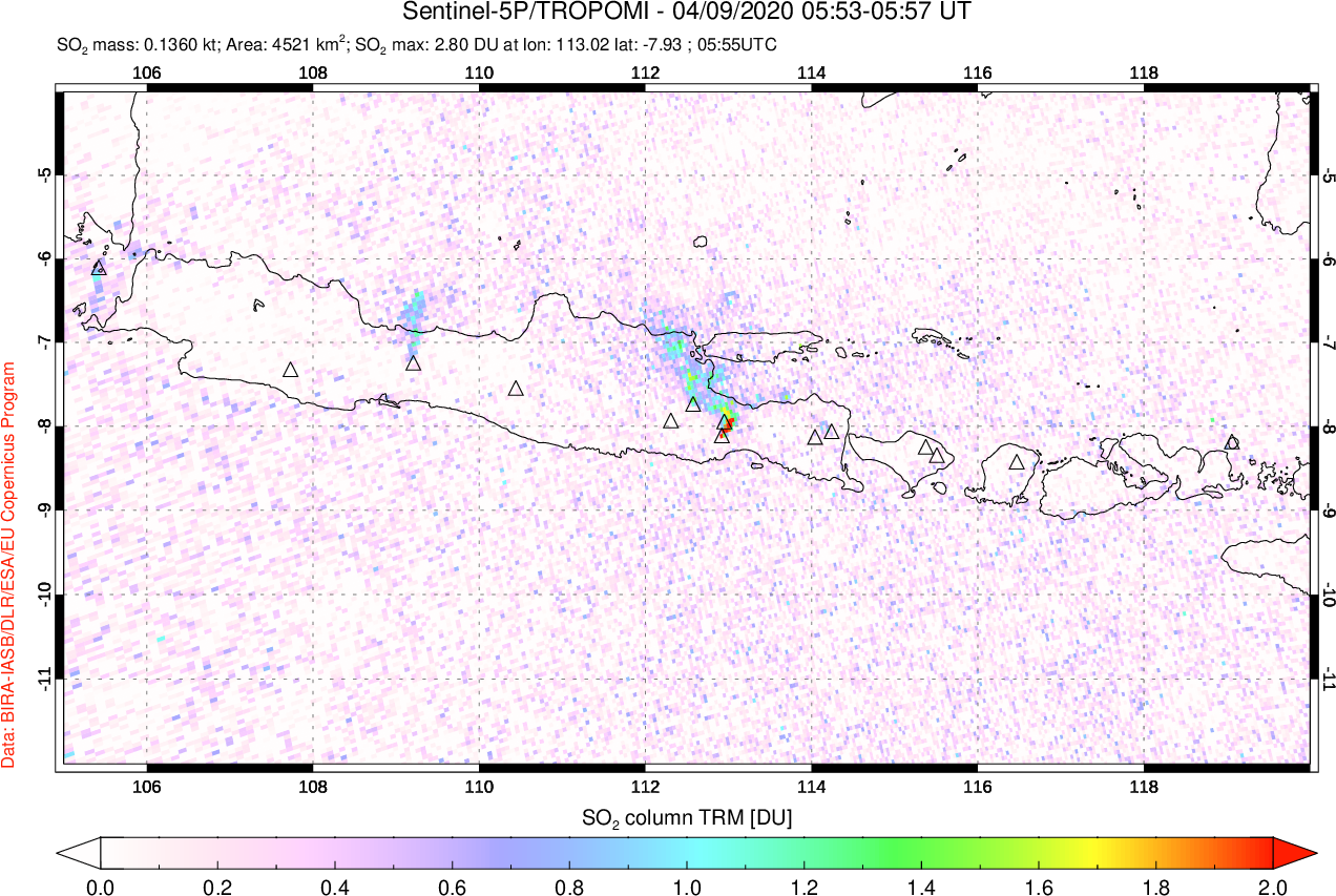 A sulfur dioxide image over Java, Indonesia on Apr 09, 2020.