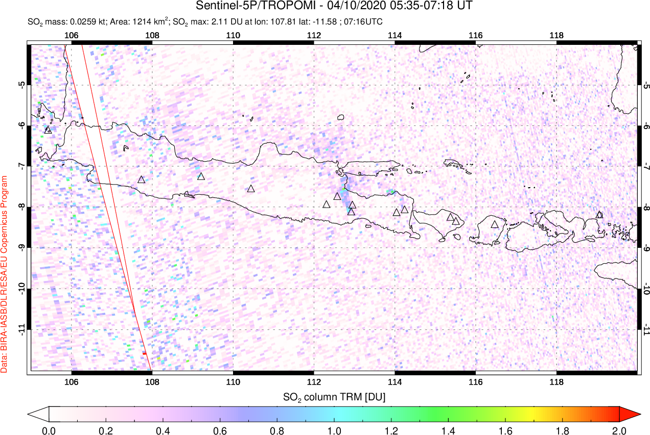 A sulfur dioxide image over Java, Indonesia on Apr 10, 2020.