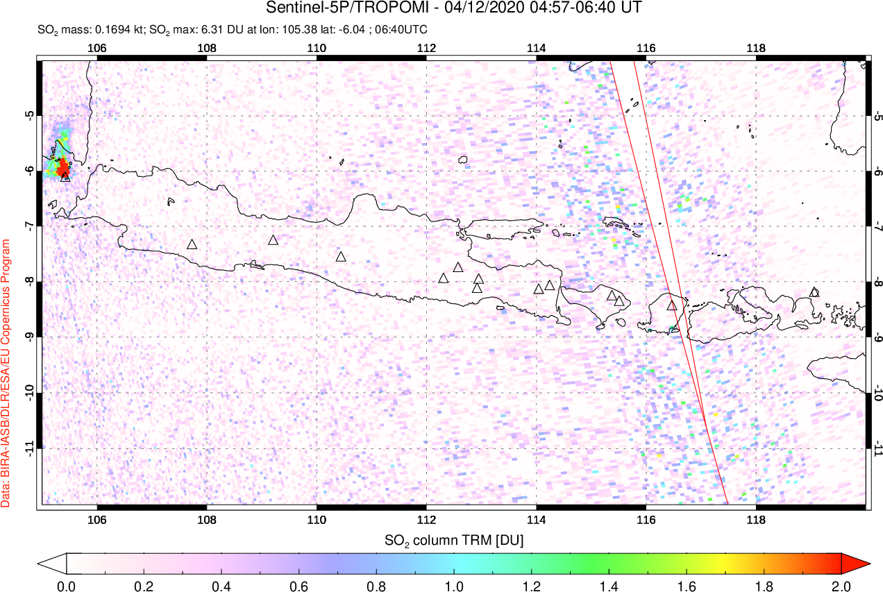 A sulfur dioxide image over Java, Indonesia on Apr 12, 2020.