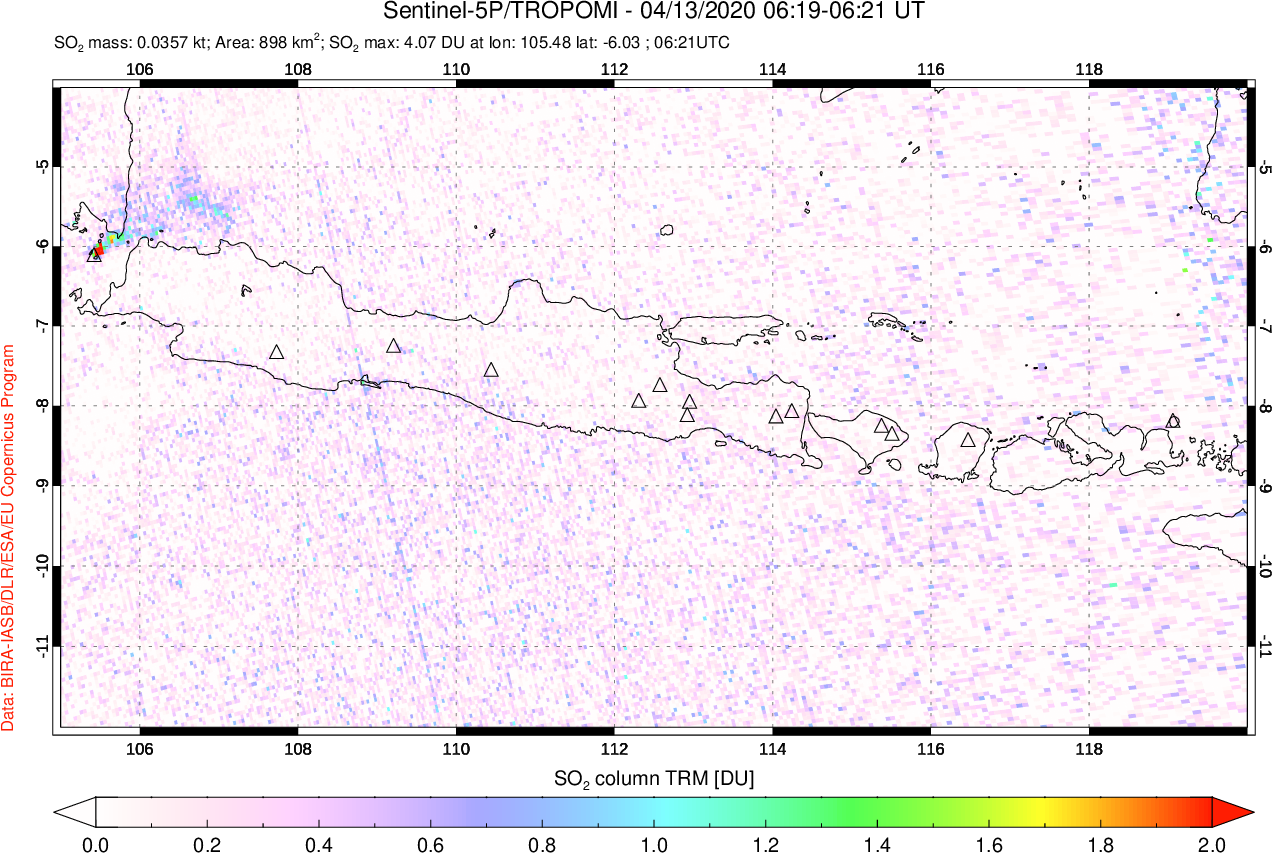 A sulfur dioxide image over Java, Indonesia on Apr 13, 2020.