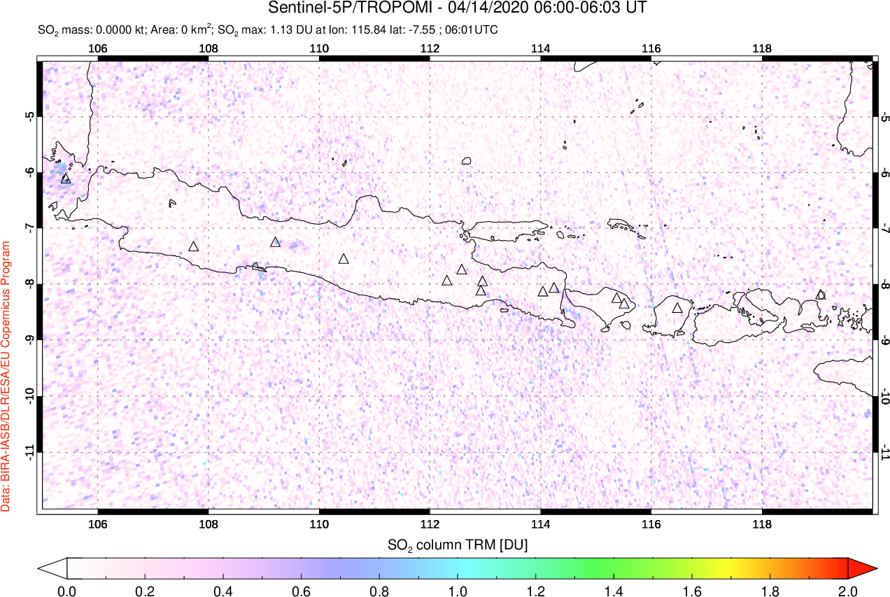 A sulfur dioxide image over Java, Indonesia on Apr 14, 2020.