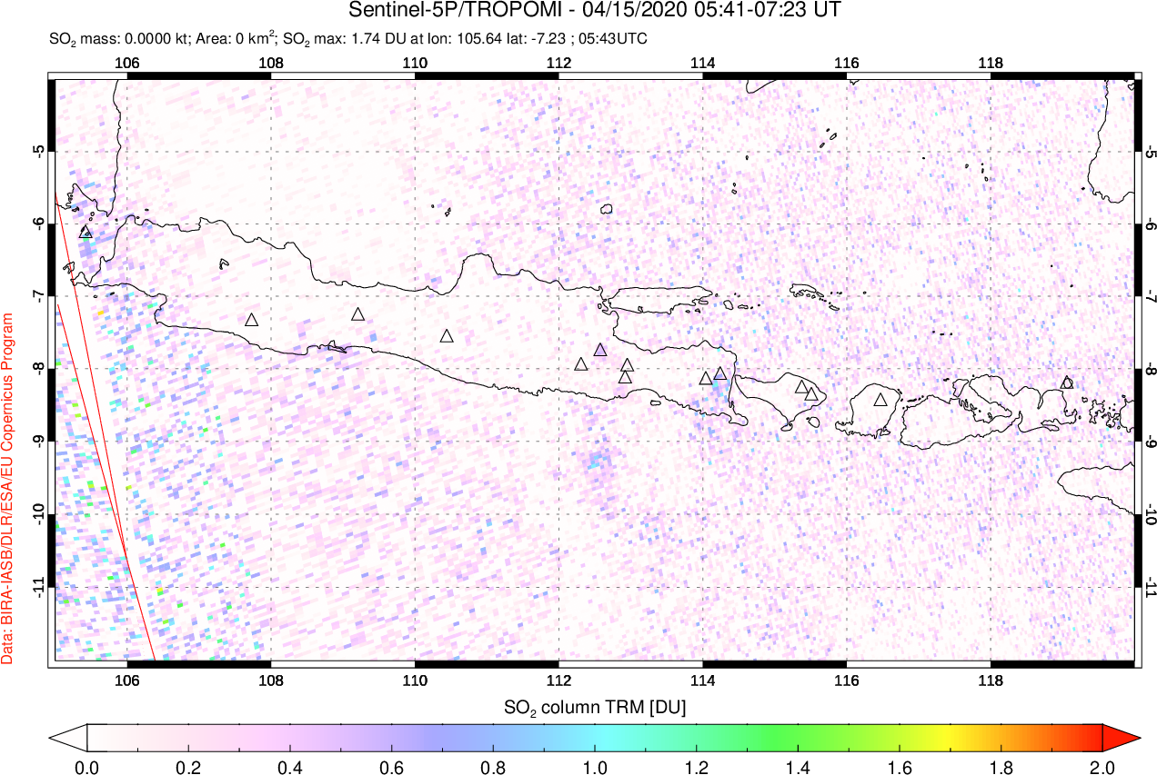 A sulfur dioxide image over Java, Indonesia on Apr 15, 2020.