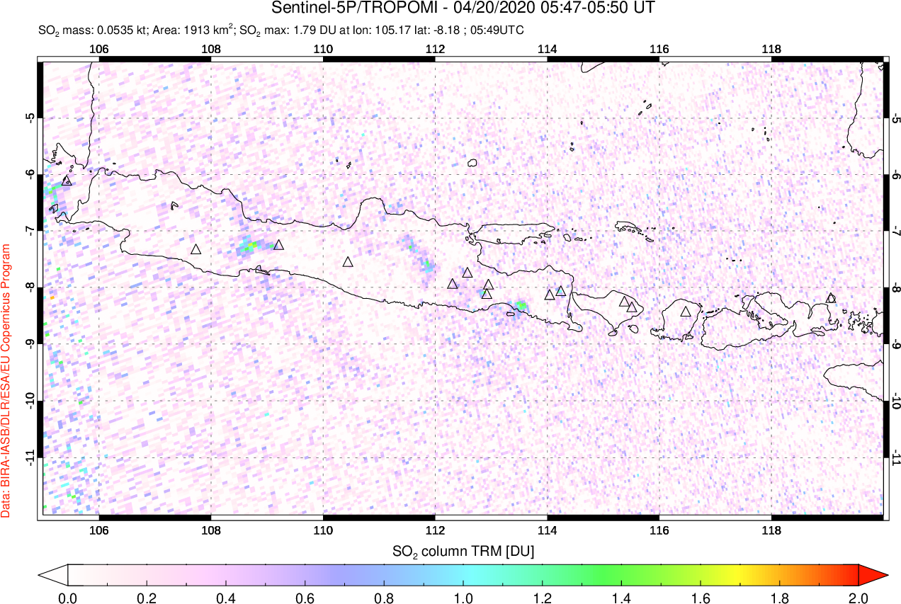 A sulfur dioxide image over Java, Indonesia on Apr 20, 2020.